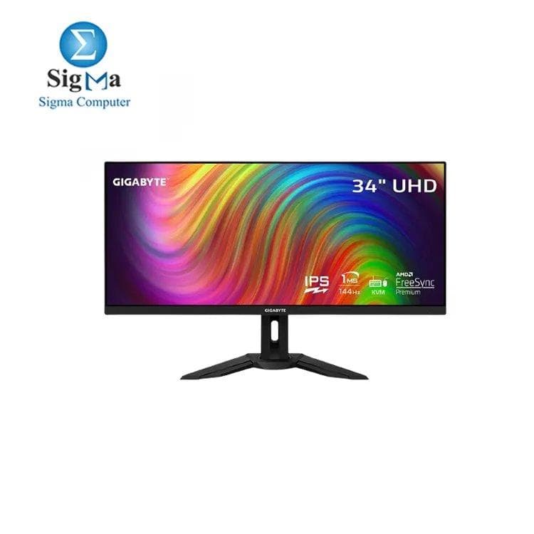 جيجابايت - M34WQ - شاشة جيمنج 34 بوصة IPS الترا وايد - WQHD 3440x1440 - 144Hz - 1ms MPRT - AMD FreeSync Premium - Type C KVM - HDMI DP Type C - قابلة لتعديل الارتفاع - أسود