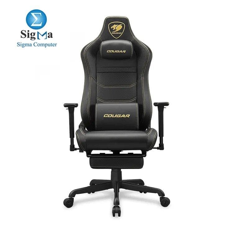 COUGAR ARMOR EVO S GOLD – Magnetic memory foam neck pillow, breathable PVC leather, full steel frame, 3D adjustable armrests, retractable footrest, lumbar cushion, 155º reclining, and Class 4 gas lift (supports 120 kg)