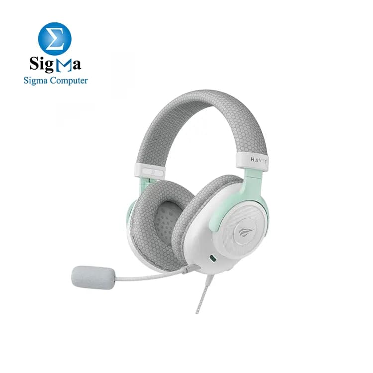 سماعة جيمنج سلكية Havit Gamenote H2230E صوت ستيريو قوي، مايكروفون عازل للضوضاء، درايفر 50mm، تصميم مريح فوق الأذن، موصل 3.5mm - أبيض وسيان