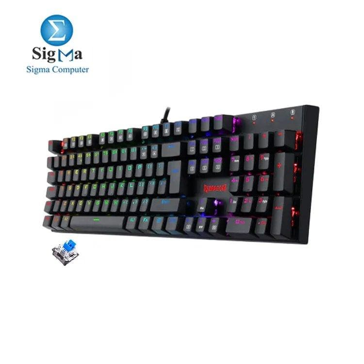 Redragon K565E RUDRA Gaming Mechanical Keyboard - Rainbow LED Lighting - BLUE Switch English & Arabic Keys - Black