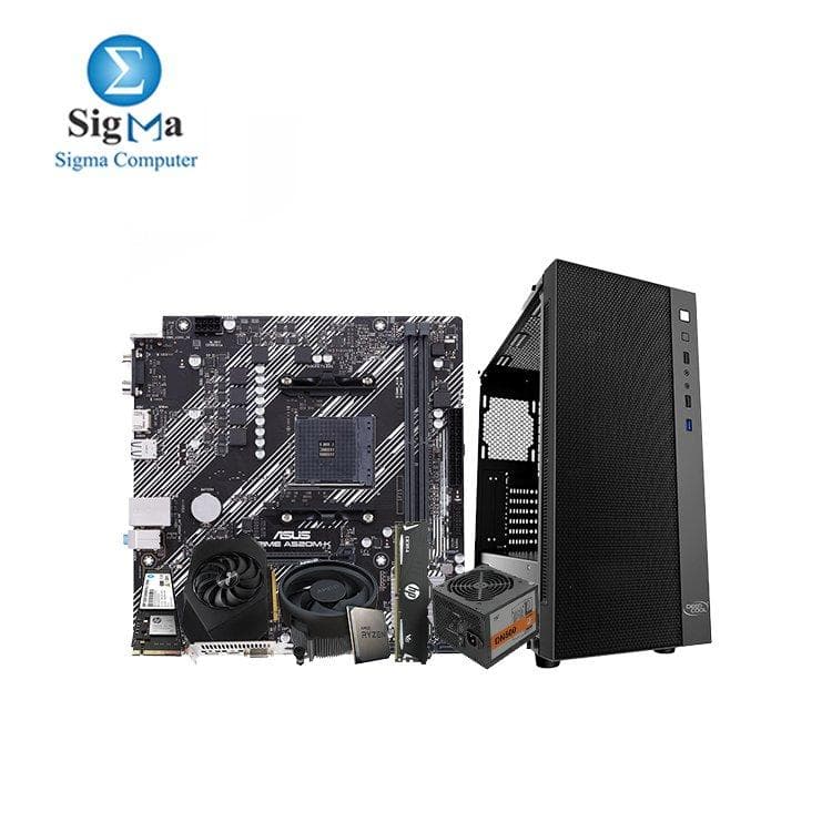 تجميعة كمبيوتر: معالج اي ام دي RYZEN 5 3600، لوحة أم اسوس PRIME A520M-K، رام اتش بي V6 سعة 8GB بتردد 3200 MHz، كرت شاشة اسوس phoenix gtx 1650 4g، هارد اتش بي EX900 M.2 سعة 128GB، كيسة deepcool matrexx 55 مع باور سبلاي 500w
