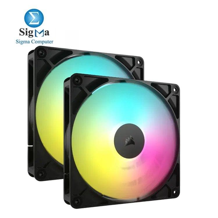 Corsair RS140 ARGB – Dual 140mm PWM fans with AirGuide tech, Magnetic Dome bearing, RGB lighting, up to 1700 RPM and 95.5 CFM airflow.