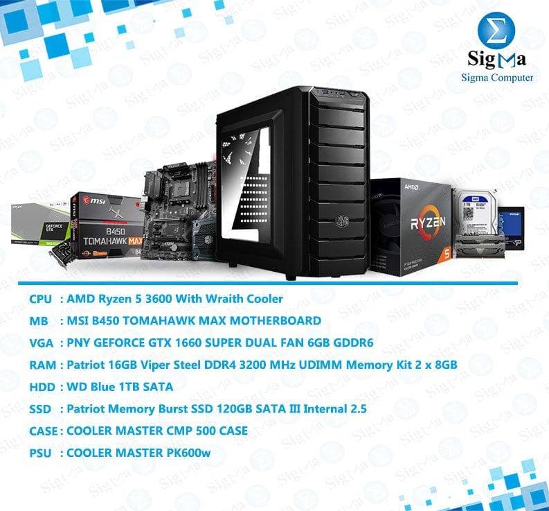 باندل معالج RYZEN 3600 - كرت شاشة PNY 1660 6GB - رام 16GB PATRIOT - هارد 120GB SSD BURST - لوحة أم B450 TOM.MAX - هارد 1TB - كيسة CMP500 + 600W PSU