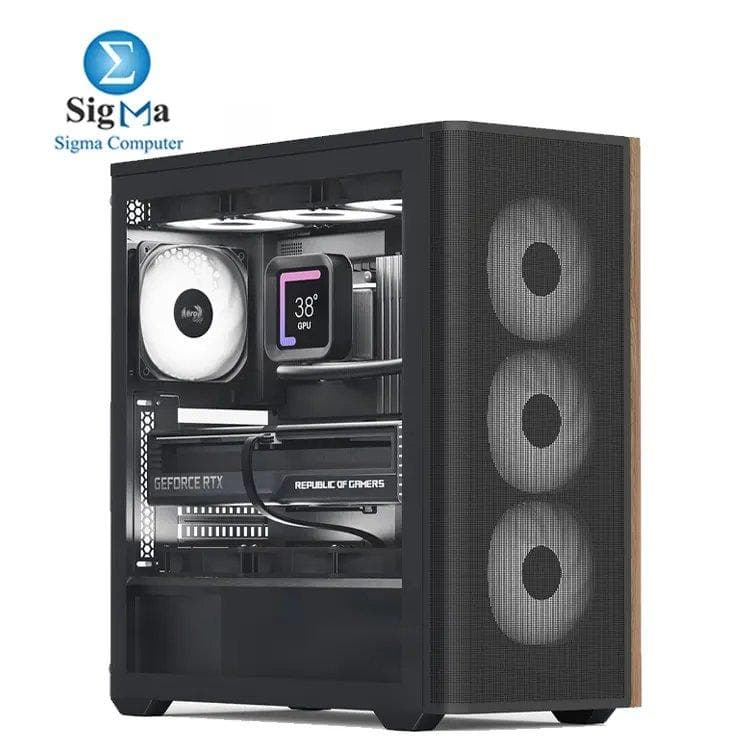 كيسة كمبيوتر AeroCool D501A بواجهة شبكية خشبية، دعم رادياتير 360mm، 11 فتحة مروحة، دعم كرت شاشة 400mm، فلاتر أتربة مغناطيسية - أسود