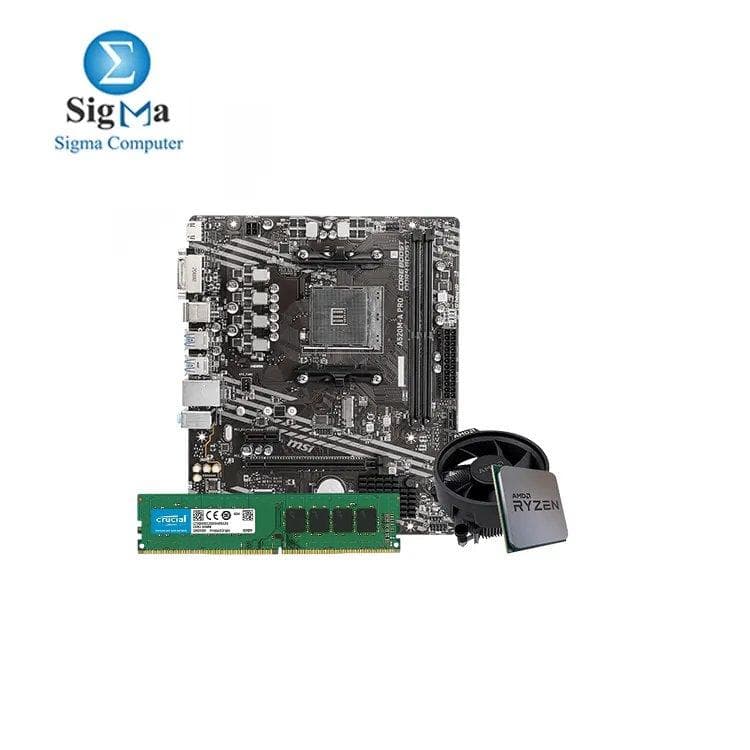 باندل معالج AMD RYZEN 3 4100 TRAY + مروحة (4 نواة - 8 مسارات) (4 ميجا كاش / 3.8 جيجاهرتز تصل إلى 4.0 جيجاهرتز) (PCIe 3.0) مع لوحة أم ام اس اي AMD A520M-A PRO - رامات CRUCIAL 8G DDR4 3200 PC
