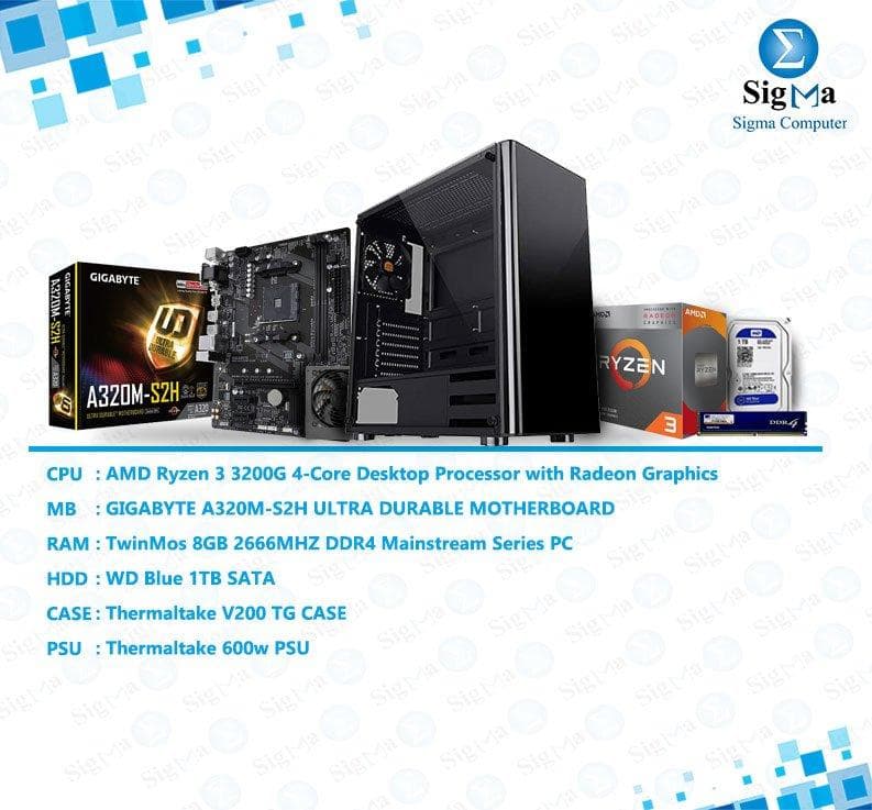 باندل A320M-S2H - اي ام دي Ryzen 3 3200G - TwinMos 8GB 2666MHZ DDR4 - 1TB - Thermaltake V200 + 600W