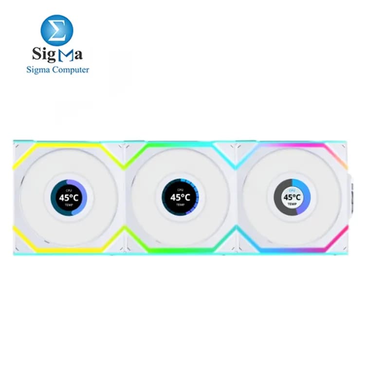 طقم 3 مراوح ليان لي UNI Fan SL لاسلكية LCD 120 ريفيرس بليد ARGB أبيض مع وحدة تحكم لاسلكية 2.4 GHz Fan- 12RSLLCD1W3W أبيض
