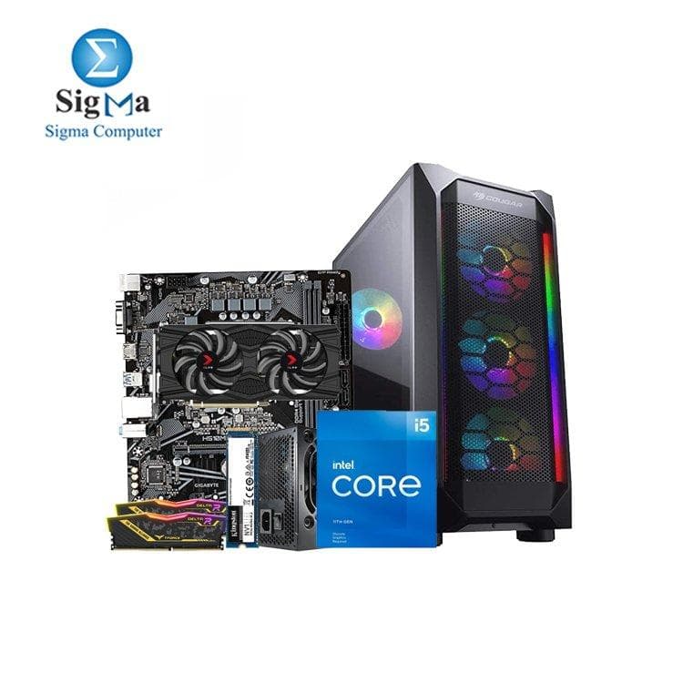تجميعة كمبيوتر: معالج انتل Core i5-11400F، لوحة أم جيجابايت H510M H، كرت شاشة PNY GeForce RTX 2060 6GB XLR8، رامات TEAM DELTA RGB 16G 3200Hz، هارد كينجستون NV1 250G M.2، كيسة COUGAR MX410 Mesh-G، باور سبلاي VTC500 80 Plus Bronze