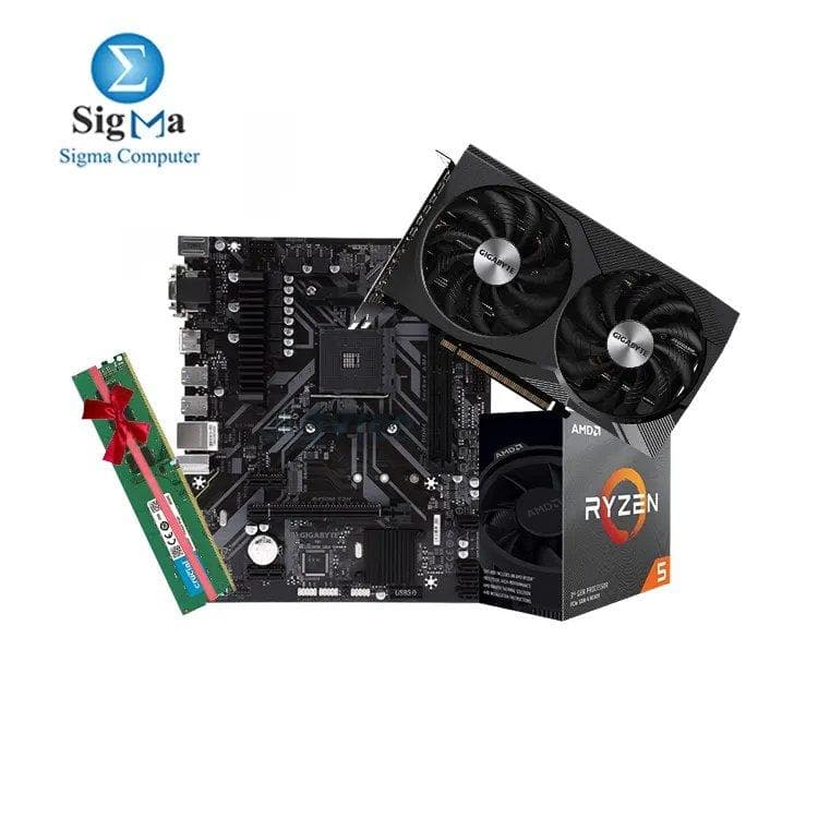 باندل معالج AMD-Ryzen 5-3600-BOX ولوحة أم جيجابايت B450M-S2H مع كرت شاشة جيجابايت GeForce RTX 3060 GAMING OC 8G DDR6 مروحتين بالإضافة إلى رام كروشال 16 جيجابايت ديسكتوب DDR4 3200MHz مجاناً