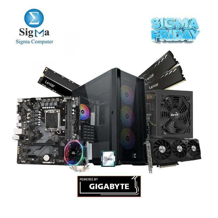 باقة سيجما فرايدي-20- لوحة أم جيجابايت، معالج انتل Core i5-13400F، لوحة B760MH DDR4، كرت شاشة جيجابايت RTX 4070 OC 12G، هارد Lexar NM620 NVMe 512GB M.2، كيسة XIGMATEK ZOSER ARGB TYPE C، مبرد معالج Phantom HF-400 RGB، باور سبلاي Aerocool Integrator Gold 750W