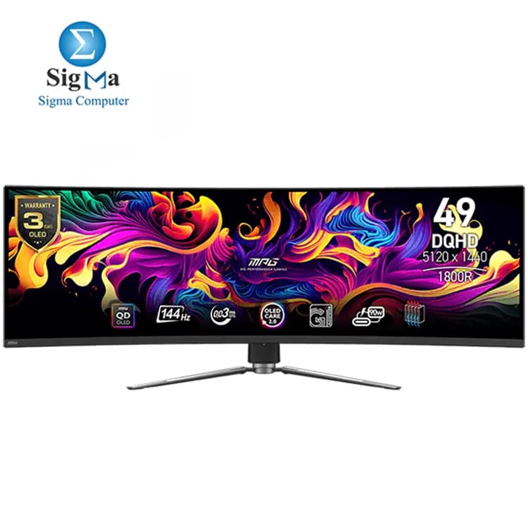 شاشة جيمنج ام اس اي MPG 491CQP QD-OLED مقاس 49 بوصة الترا وايد DQHD، 144Hz، 0.03ms، FreeSync Premium Pro