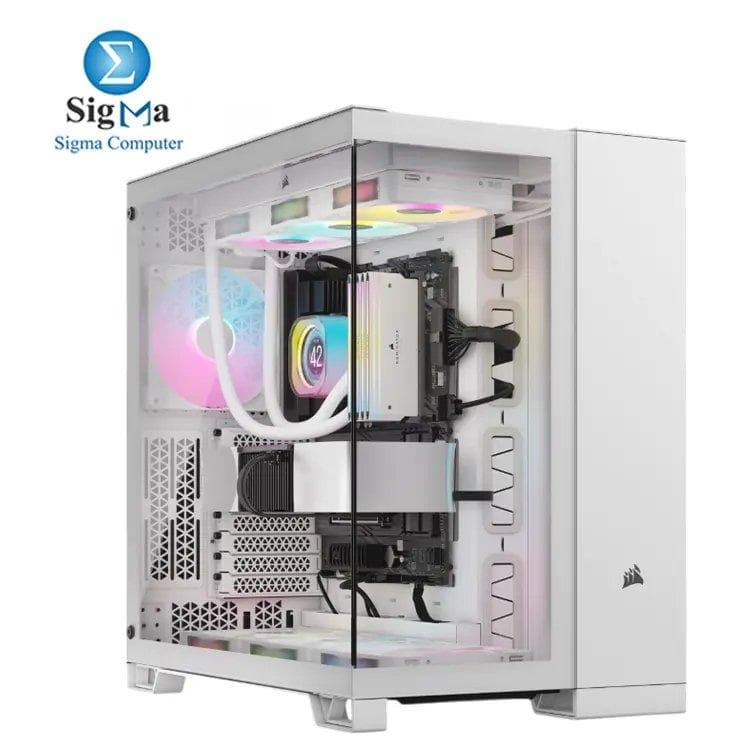 Corsair iCUE LINK 6500X RGB White – Dual-chamber mid-tower case with tempered glass, 3x RX120 RGB fans, reverse connector support, and space for 360mm radiators & 400mm GPUs.