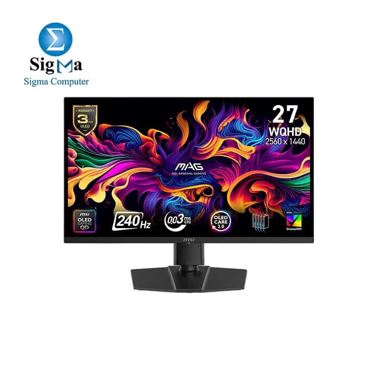 شاشة جيمنج ام اس اي MAG 273QP QD-OLED X24 مقاس 27 بوصة WQHD – 240Hz، Adaptive-Sync، HDMI، DisplayPort، قابلة للتعليق VESA، قابلة للميل، قابلة لتعديل الارتفاع، سماعة، 0.03ms، لون أسود