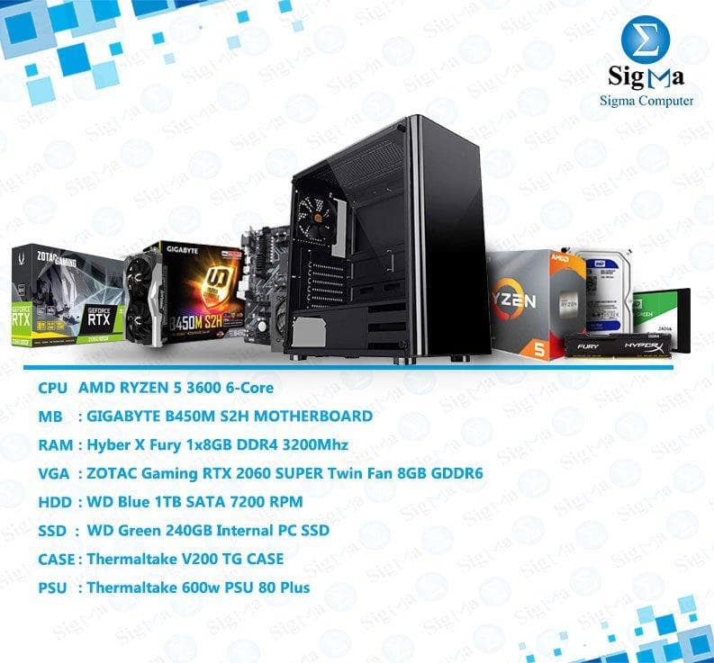 باندل معالج RYZEN 5 3600 - كرت شاشة ZOTAC RTX 2060 SUPER Twin Fan 8GB - لوحة أم B450M DS3H - هارد ويسترن ديجيتال Blue 1TB - رام Hyber X Fury 8GB DDR4 3200 - هارد Green 240GB - كيسة Thermaltake V200 TG +600W 80+