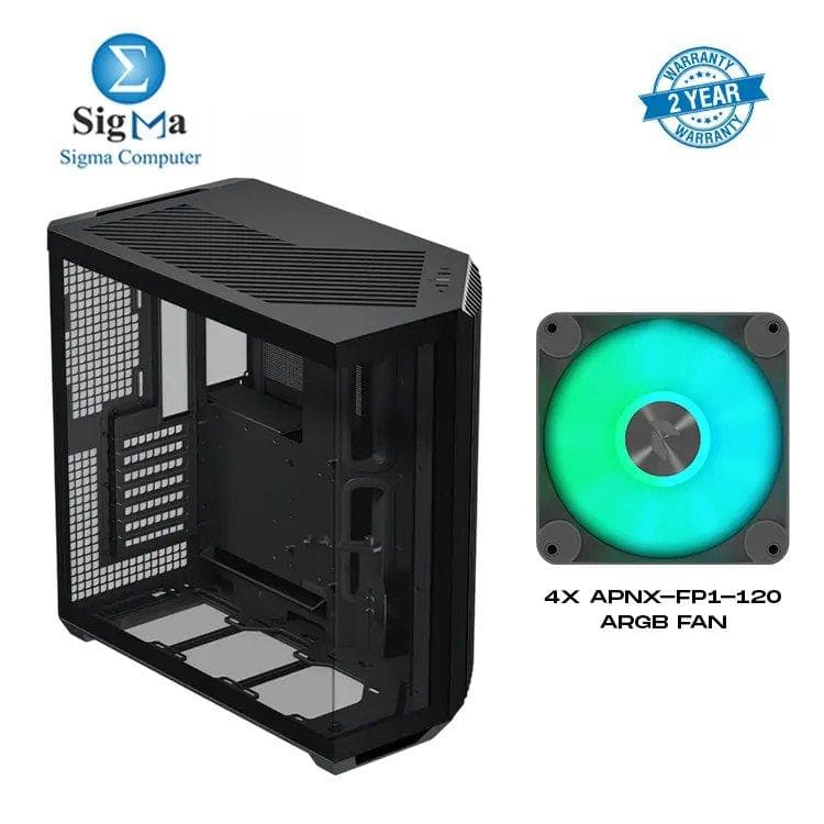 APNX V1 Dual-Chamber ATX Mid-Tower With 4x APNX-FP1-120 ARGB FAN PC Case Panoramic Glass Panels 10 Fan Slots 360mm Radiator Support Front Angular Intake 16cmx2 Fan Bracket GPU Mount Cable Management Type-C Black