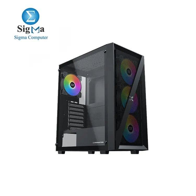 كيسة XIGMATEK Blade 4FAN ميد تاور مع زجاج مقسى، 4 مراوح RGB ثابتة، واجهة أمامية شبكية، تدعم حتى 6 مراوح ومبردات مائية (360mm أمامي، 240mm علوي، 120mm خلفي).