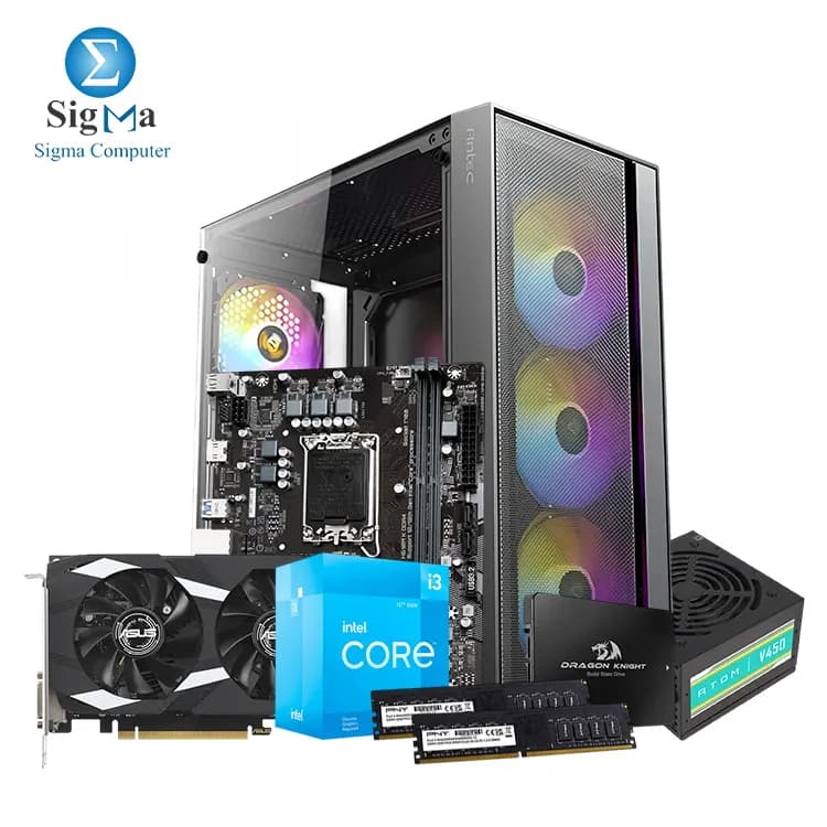 Dragon B51 - Intel Core i3-12100F Box - Gigabyte INTEL H610M-K DDR4 - ASUS DUAL GEFORCE RTX 3050 6GB OC - PNY 8GB Performance DDR4 3200MHz ( 2x8 ) - Redragon Dragon RM113 256GB 2.5 SATA III - Antec AX65 4Fan 120M ARGB Case & Atom V450 450W PSU