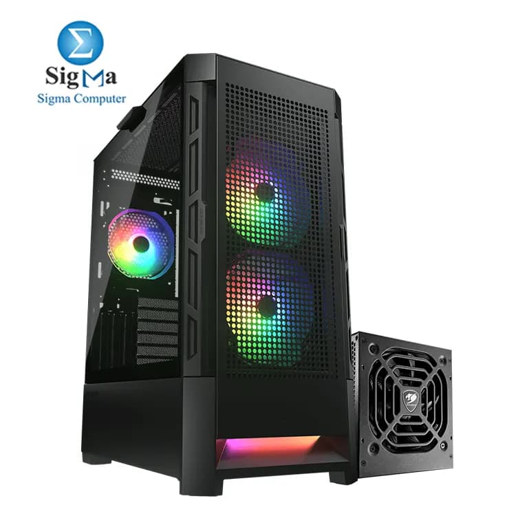 Cougar Airface RGB STC 600W Mid tower case with 3 ARGB fans E-ATX support 330mm GPU clearance and 600W PSU with 86 efficiency Japanese capacitors and full protection features.
