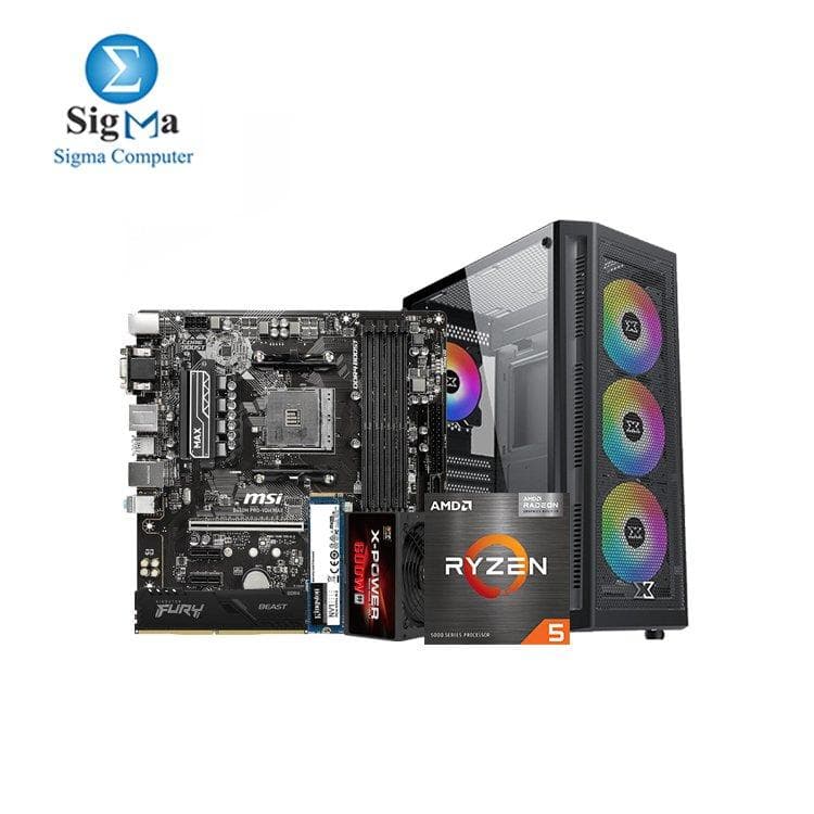 تجميعة كمبيوتر: معالج اي ام دي Ryzen 5 5600G، لوحة أم MSI B450M PRO VDH MAX، رام كينجستون Fury Beast 8GB، هارد كينجستون NV1 500G M.2، كيسة XIGMATEK Master X مع باور سبلاي 600W