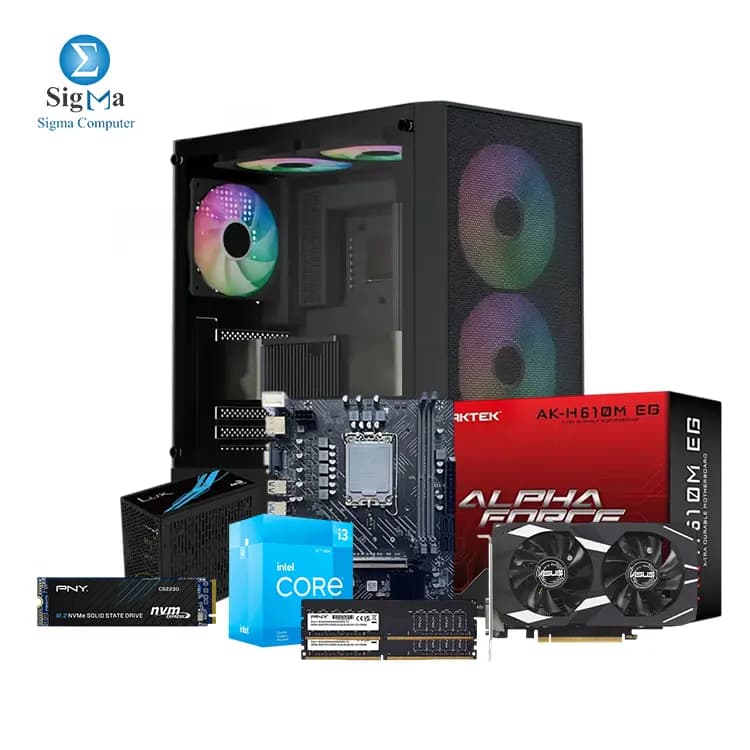 ARKTEK ALPHA FORCE AK H610M EG, Intel Core i3-12100F, PNY 16GB Performance DDR4 3200MHz (2x8), ASUS Dual GeForce RTX 3050 OC Edition 6GB,  PNY CS2230 500GB SSD M.2, AeroCool B508A Flow Mid Tower Case with LUX 550W 80Plus Bronze