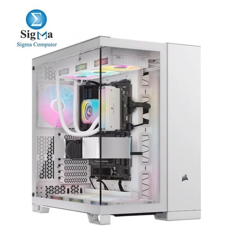 Corsair 6500X White – Dual-chamber mid-tower case with support for ATX/E-ATX, reverse connector motherboards, 360mm radiators, 400mm GPUs, and modern front I/O.