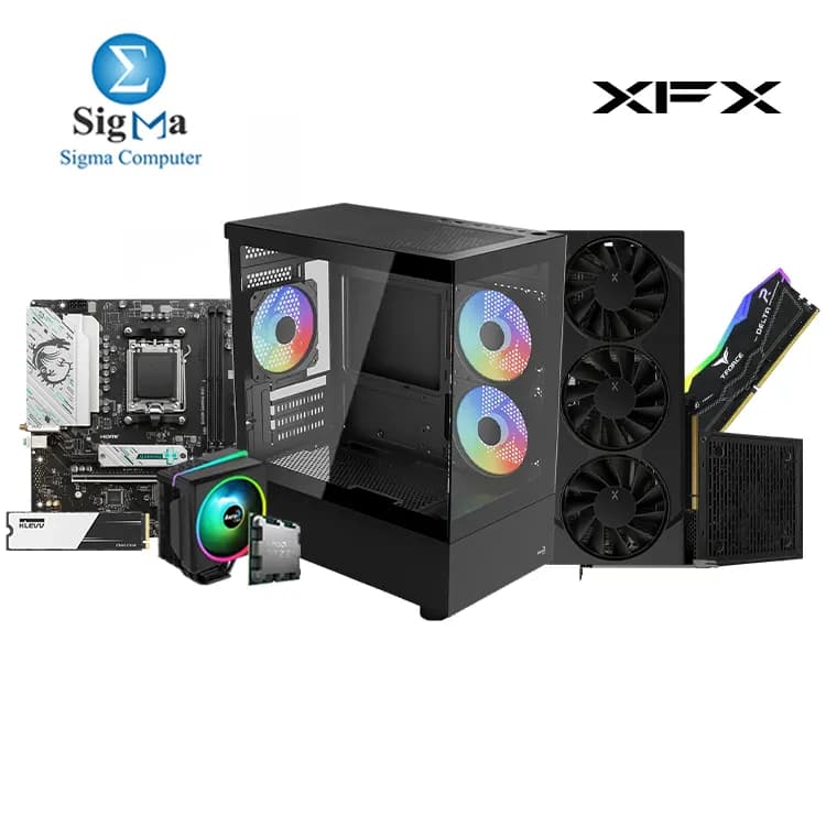 تجميعة XFX - لوحة أم ام اس اي B650M GAMING WIFI - معالج اي ام دي Ryzen 5 8400F TRAY - رام TEAMGROUP 1x16GB 6000MHz - كرت شاشة XFX RX 9060 XT 16GB - هارد KLEVV CRAS C910 500GB - مبرد Aerocool Cylon 4F ARGB - كيسة Aerocool Viewport mini tower وباور سبلاي LUX 750W 80 PLUS BRONZE
