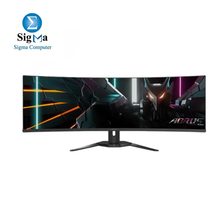 شاشة جيجابايت AORUS CO49DQ، مقاس 49 بوصة QD OLED، دقة 5120x1440 DQHD 32:9، انحناء 1800R، تردد 144Hz، استجابة 0.03ms GTG، تقنية AMD FreeSync Premium Pro، فائقة الاتساع، KVM، مداخل HDMI, DP, Type C، قابلة لتعديل الارتفاع، لون أسود