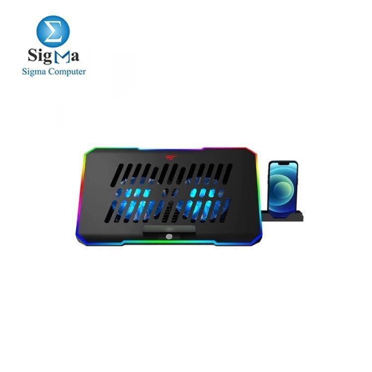 قاعدة تبريد لابتوب هافيت HV-F2069 بمروحتين 120 مم - 1200 لفة في الدقيقة - حتى 16 بوصة - منفذ USB 2.0 - إضاءة RGB - حامل موبايل - حامل قابل للتعديل