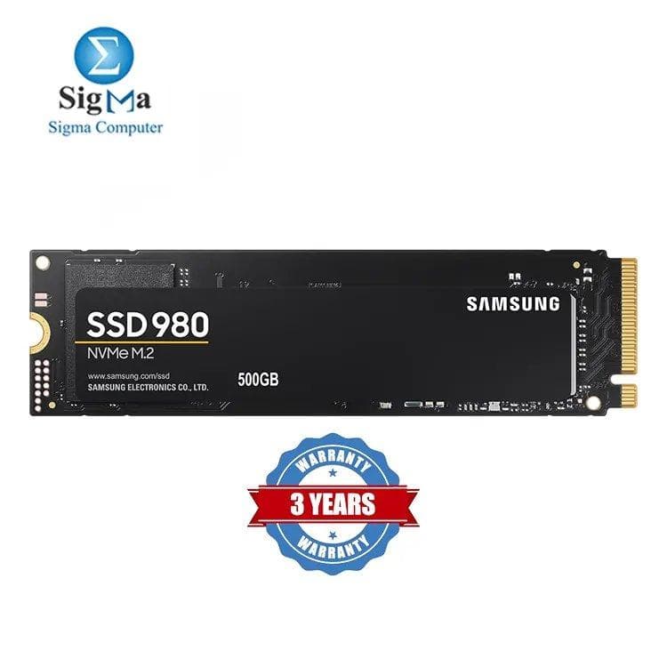 Samsung 980 500GB NVMe M.2 SSD: PCIe Gen 3.0 x4, sequential read up to 3,100 MB/s, write up to 2,600 MB/s, AES 256-bit encryption - MZ-V8V500BW