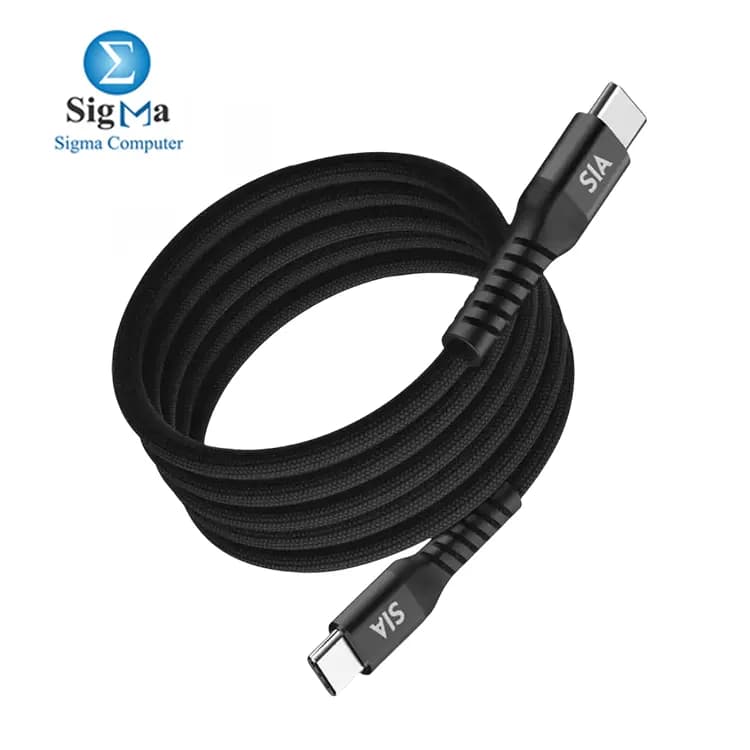 كابل SIA Powerlink مغطى بالنايلون مع رباط مغناطيسي، منفذ Type-C إلى Type-C، قوة 65W، طول 1.0 متر، أسود