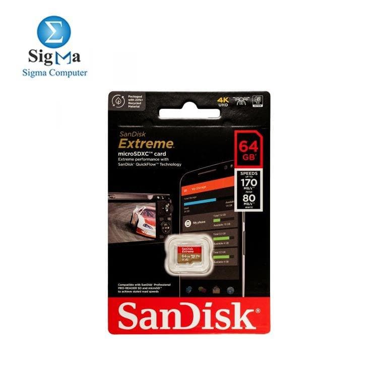 كارت ذاكرة سانديسك EXTREME MICRO SDXC 64G- SDSQXAH-GN6MN