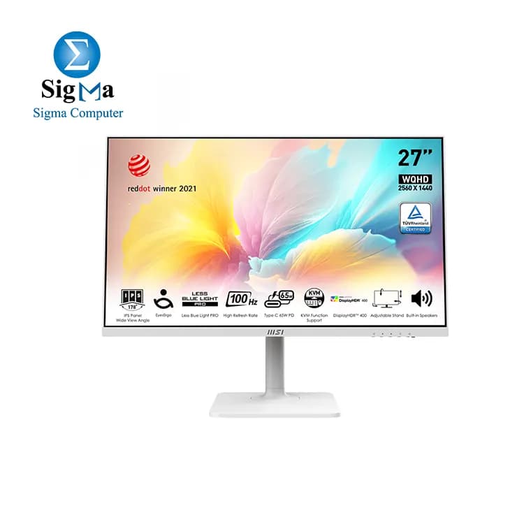 MSI Modern MD272QXPW Office Monitor 27 WQHD – IPS Panel 2560 x 1440, 100Hz, Eye Comfort, Built-in Speakers, Adjustable 4 Directions – HDMI 2.0b, DisplayPort 1.2a, USB Type-C, USB 2.0