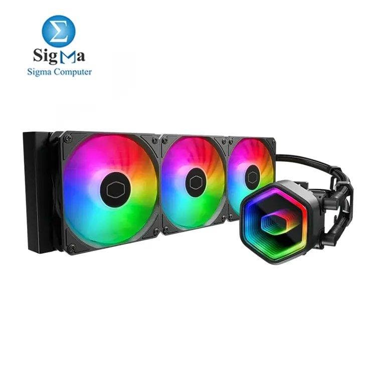 كولر ماستر MasterLiquid 360 Core II أسود – رادياتير ألومنيوم 394mm، مضخة ثنائية الغرفة (3100 RPM, 25 dBA)، ثلاث مراوح ARGB 120mm (1750 RPM, 70.7 CFM)، يدعم Intel و AMD