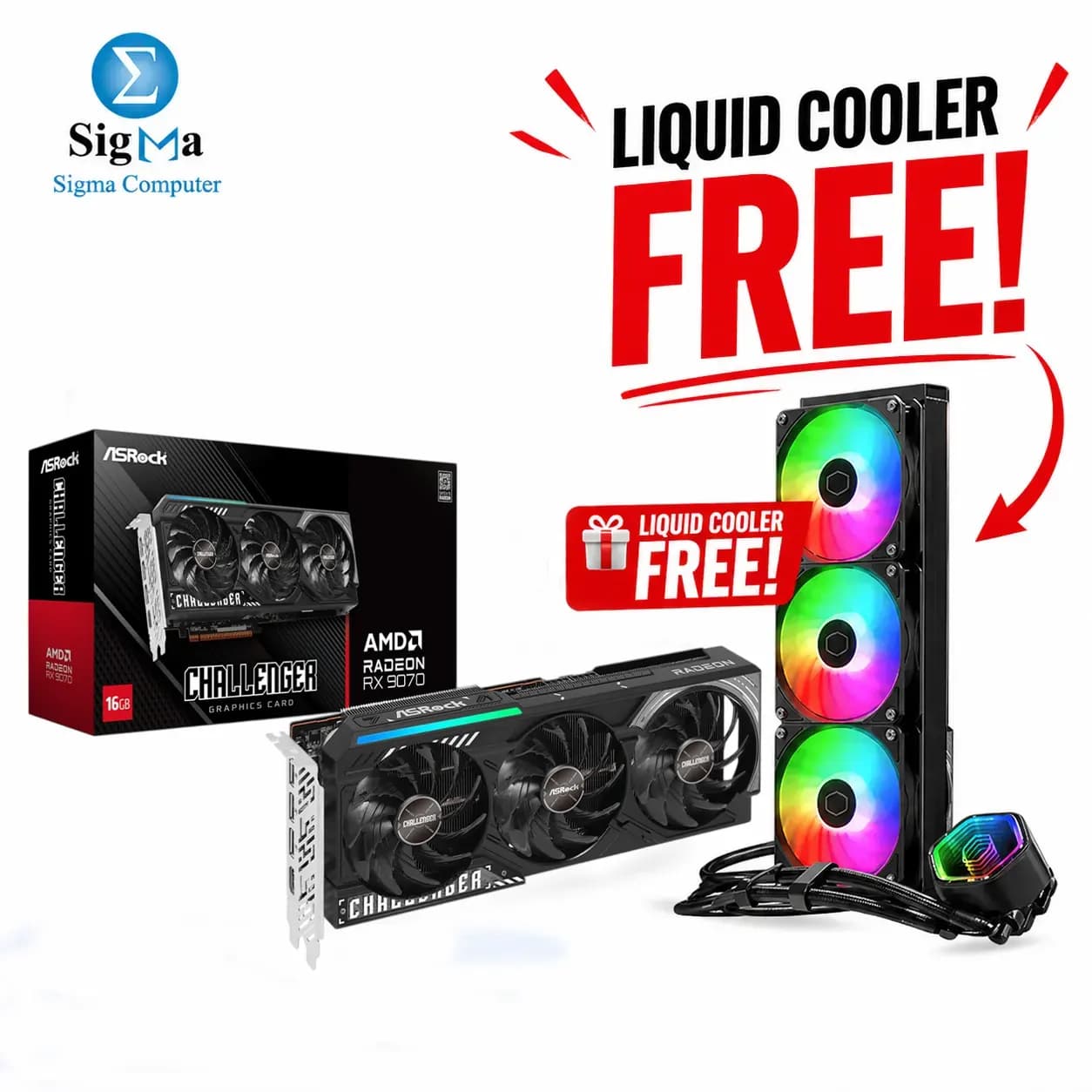 كرت شاشة ASRock RX 9070 Challenger 16GB مع مبرد Cooler Master MasterLiquid 360 Core II Black مجاناً