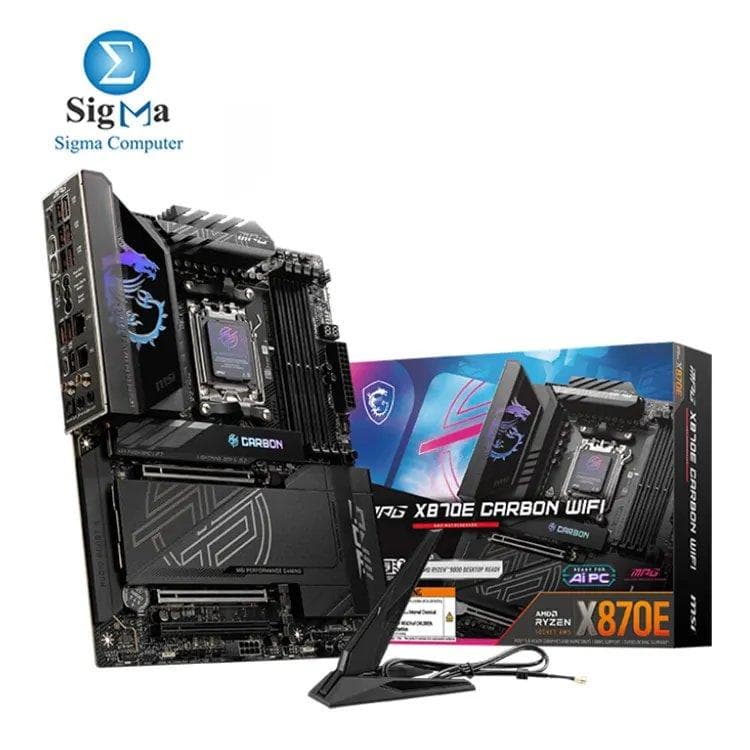 MSI MPG X870E CARBON WIFI supports AMD Ryzen AM5 Series CPUs, DDR5 memory up to 256GB, PCIe 5.0, Wi-Fi 7, 5G LAN, and advanced cooling with Frozr Guard