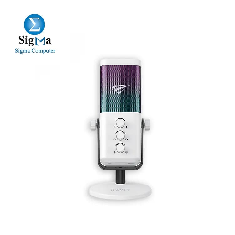ميكروفون جيمنج سلكي هافيت GK65 بمنفذ USB-C - مكثف كارديويد، 192 كيلو هرتز/24 بت، إضاءة RGB، توصيل وتشغيل - أبيض
