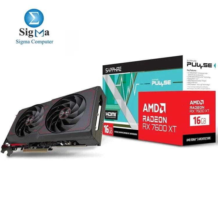 Sapphire PULSE RX 7600 XT 16GB – RDNA™ 3, 2810 MHz Boost, 16GB GDDR6, 2048 SP, Dual-X Cooling, PCIe 4.0, 192W TDP.
