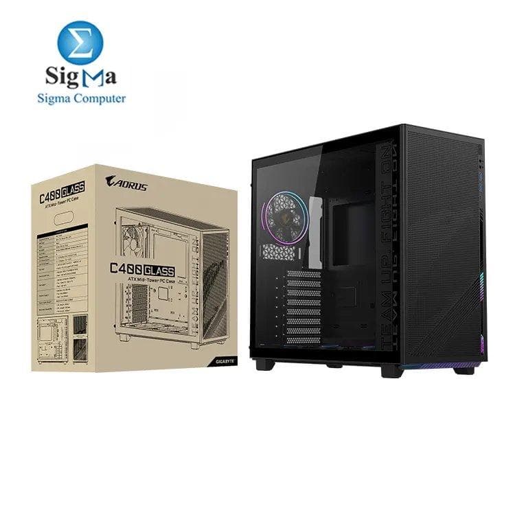 GIGABYTE AORUS AC400G GLASS PC Case, Supports Mini ITX, Micro ATX, and ATX Form Factor, RGB Lighting, Dust Filters, Vertical GPU Mounting, Black
