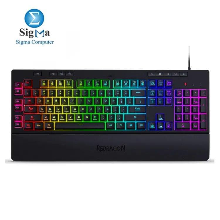 كيبورد جيمنج ميمبرين ريدراجون K512 SHIVA RGB مع 6 مفاتيح ماكرو، 8 مفاتيح وسائط، خاصية anti-ghosting كاملة، ومسند معصم قابل للفصل - إنجليزي فقط