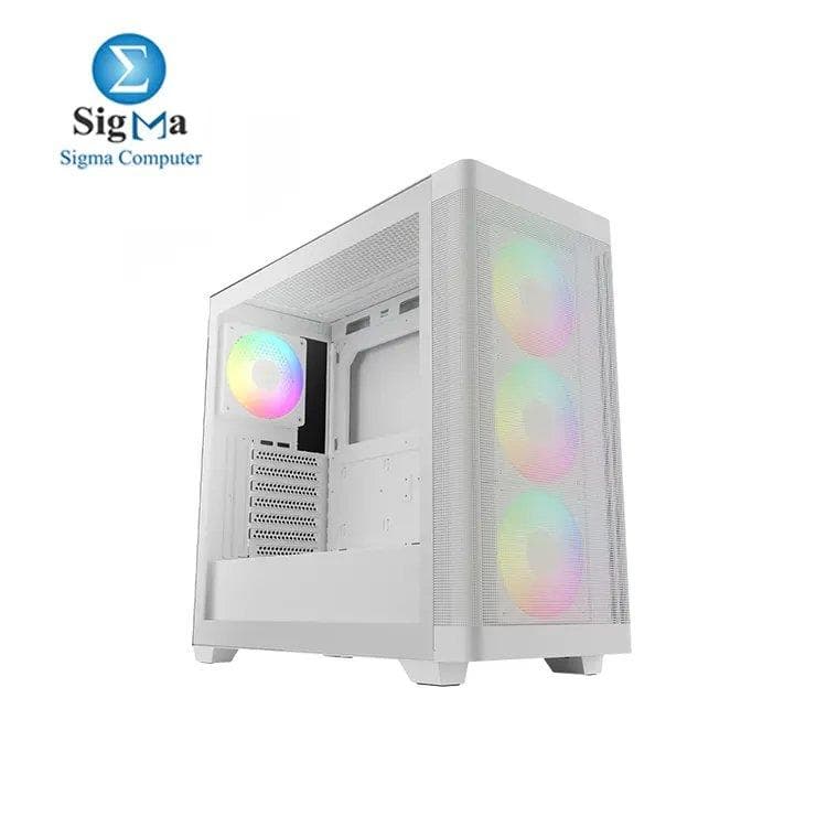 كيسة كمبيوتر جامدياس ATHENA M3 ATX Mid Tower، 4 مراوح 120mm ARGB PWM مع هاب، واجهة أمامية Mesh، زجاج مقسى، لون أبيض