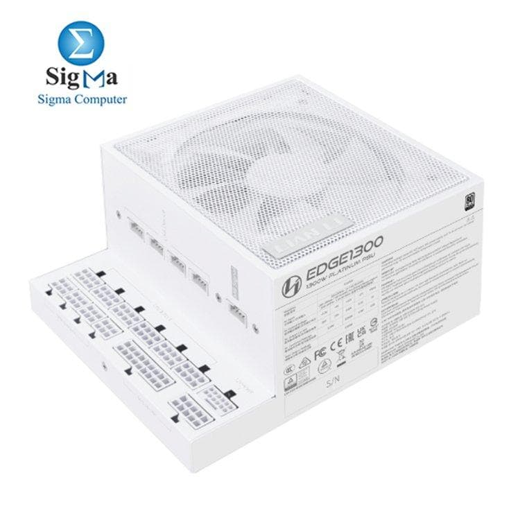 مزود طاقة Lian Li EDGE 1300W: تصميم L-shape، شهادة 80 PLUS Platinum، موزع USB مدمج، PCIe 5.1، كابلات كاملة التعديل، مكثفات ألمانية، ضمان 10 سنوات.
