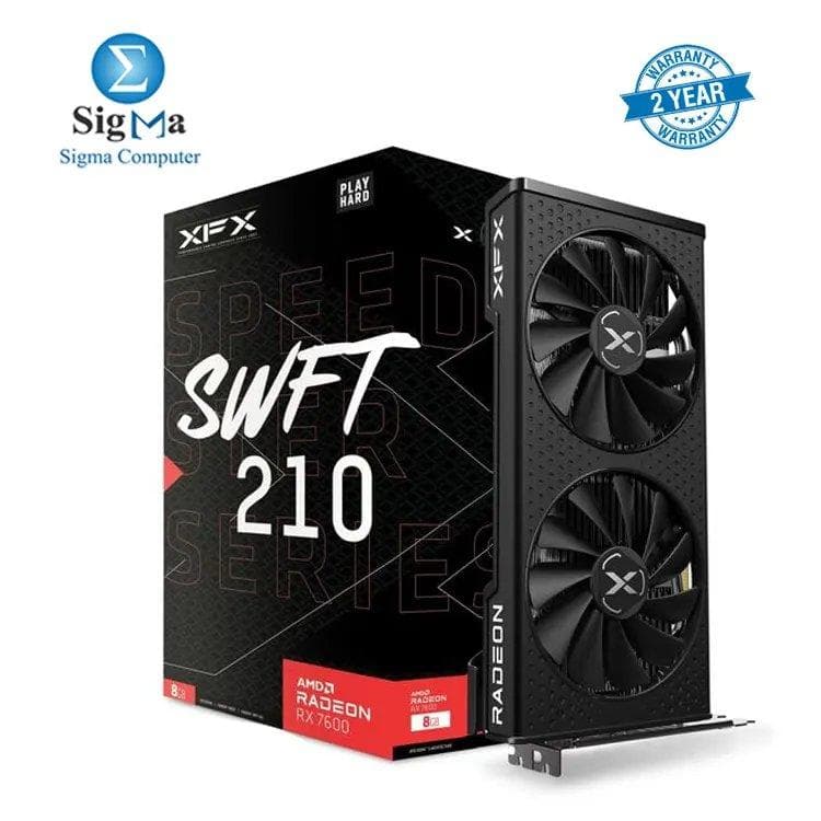 كرت شاشة XFX SPEEDSTER SWFT 210 AMD Radeon RX 7600 8GB GDDR6، معالجات تدفق 2048، دعم 4K، PCI-E 4.0، سرعة تعزيز 2655 ميجاهرتز، وتبريد بمروحتين