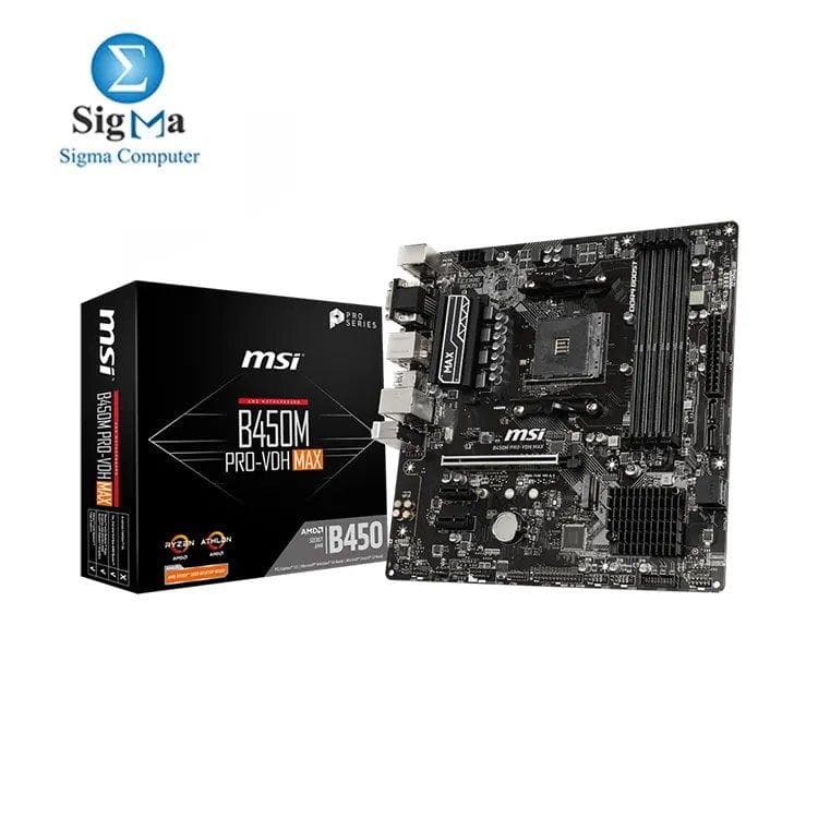 لوحة أم ام اس اي B450M PRO-VDH Max فئة ProSeries لمعالجات AMD Ryzen سوكيت AM4 M.2 USB 3 DDR4 D-Sub DVI HDMI مقاس Micro-ATX
