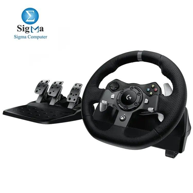لوجيتك G920 عجلة قيادة ودواسات أرضية Driving Force، خاصية Real Force Feedback، ناقل حركة ستانلس ستيل، غطاء جلد لعجلة القيادة لـ Xbox Series X|S, Xbox One, PC, Mac - أسود