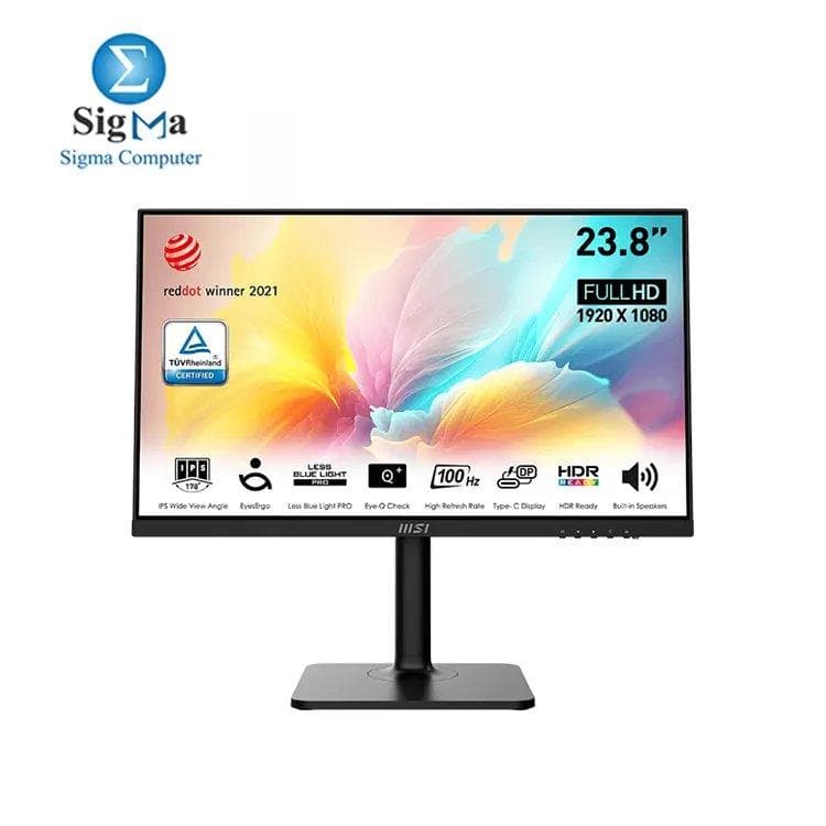 شاشة ام اس اي Modern MD2412P مقاس 24 بوصة 1920 x 1080 FHD IPS، تدعم FreeSync و HDR، تردد 100 هرتز، معتمدة من TUV لحماية العين، استجابة 1ms، منافذ VGA و HDMI، لون أسود