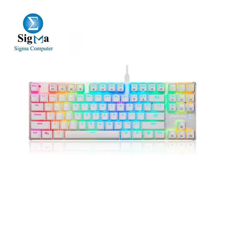 كيبورد جيمنج ميكانيكي EagleTec KG061-BR بإضاءة RGB، 87 مفتاح، تصميم نحيف، توصيل USB، مفاتيح Brown هادئة - (أبيض)