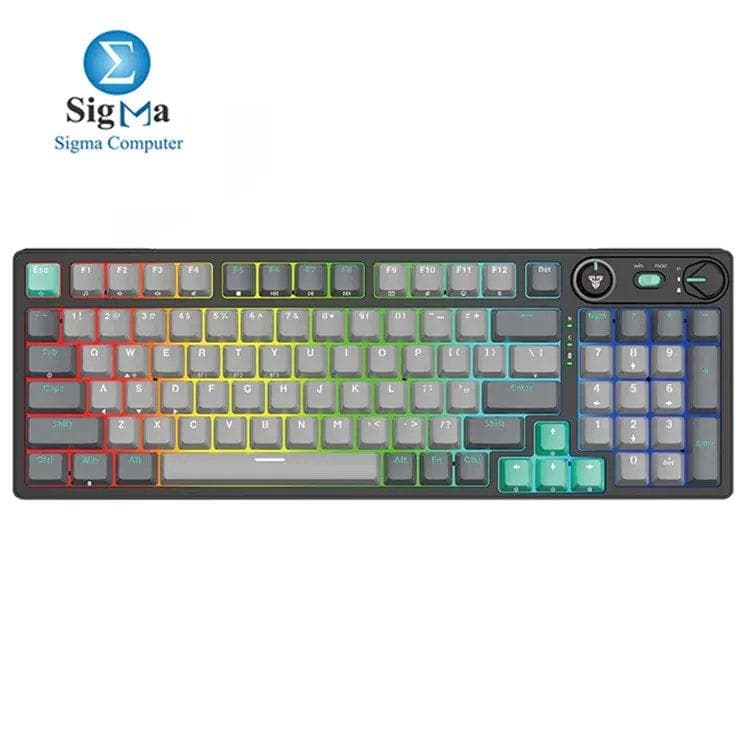 FANTECH MK914 ATOM PRO96: 96-key wireless mechanical keyboard with tri-mode (2.4GHz, Bluetooth, wired), hot-swappable switches, RGB lighting, 3000mAh battery, and built-in volume knob.