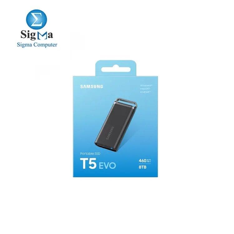 Samsung T5 EVO 8TB USB 3.2 Gen 1 Portable External SSD Up to 460 MB s Data Transfer Rate Rubber Skin Design AES 256-Bit Hardware Encryption Integrated Hook - Black MU-PH4T0S WW