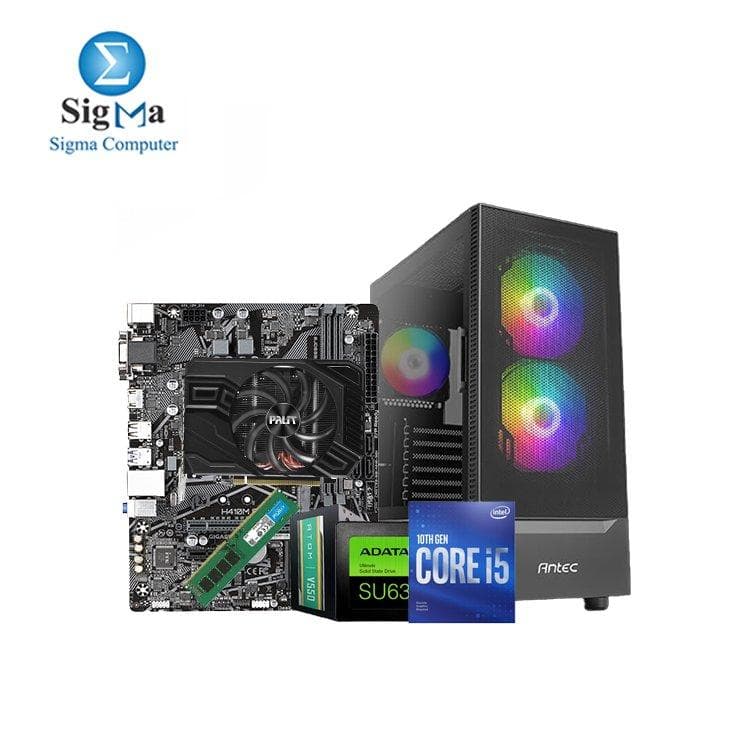 معالج Core i5-10400F لوحة أم جيجابايت H410M S2H رام Crucial 16GB DDR4 2666 كرت شاشة Palit GTX 1660 Ti StormX 6G هارد ADATA SU630 240GB SSD كيسة ANTEC NX4155 3FAN مزود طاقة ATOM ANTEC V550