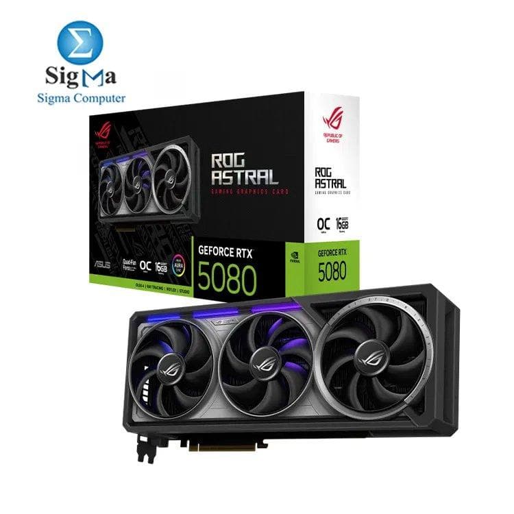 Asus ROG Astral RTX 5080 16GB GDDR7, 2790MHz Boost, 10,752 CUDA, PCIe 5.0, Quad-Fan Cooling, 2x HDMI 2.1b, 3x DP 2.1b, AURA SYNC RGB.